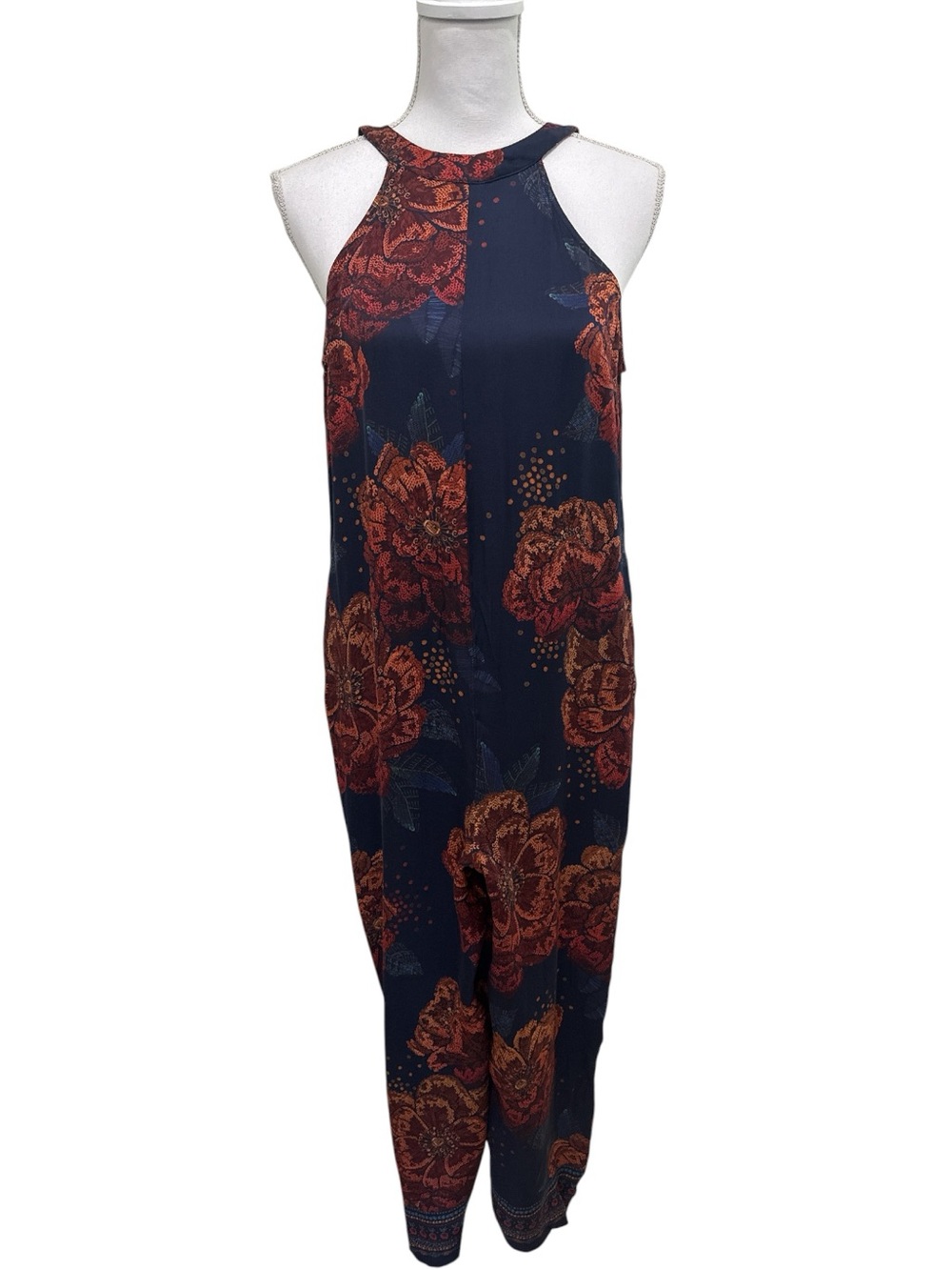 Farm Rio for Anthropologie Floral Print Wide Leg Jumpsuit- Blue Motif XS